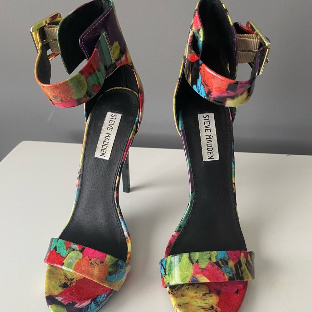 Steve Madden floral high heeled ankle strap pumps